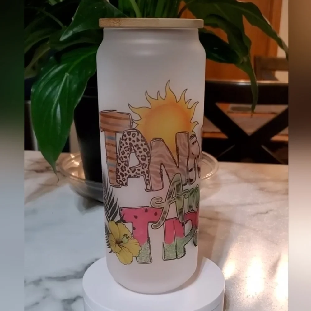 TANNED And TIPSY 25oz Frosted Glass Jar Tumbler 🎉sale